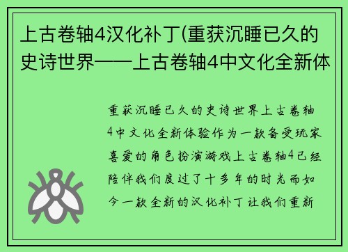 上古卷轴4汉化补丁(重获沉睡已久的史诗世界——上古卷轴4中文化全新体验)